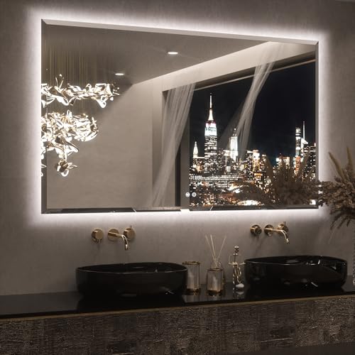 Keonjinn 60 x 36 Inch Oversized Backlit Bathroom Mirror, Large LED Mirror for Bathroom, Decorative Beveled Edge, Tempered Glass, UL-Listed, 3 Color Lights, Defogging, Lighted Wall Mount Vanity Mirror - color: Backlit Beveled Edge, size: 36"L x 60"W
