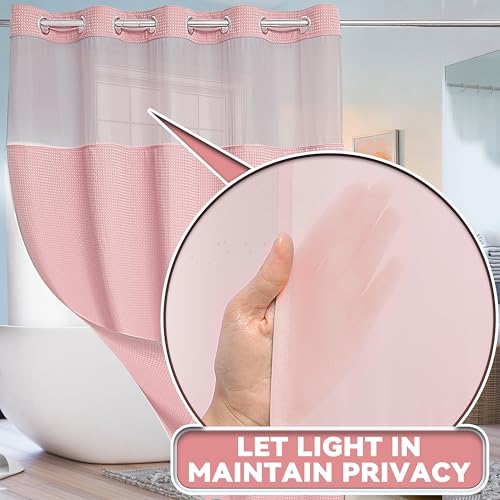Conbo Mio No Hook Waffle Weave Shower Curtain with Snap in Liner Set, Hotel Luxury Pink Shower Curtains for Bathroom with See Through Top Window, Waterproof, Washable 71W x 74H - color: Waffle-pink, size: 71"W x 74"L (Pack of 1)