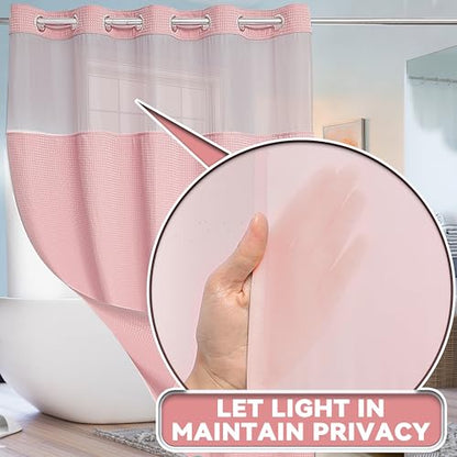 Conbo Mio No Hook Waffle Weave Shower Curtain with Snap in Liner Set, Hotel Luxury Pink Shower Curtains for Bathroom with See Through Top Window, Waterproof, Washable 71W x 74H - color: Waffle-pink, size: 71"W x 74"L (Pack of 1)