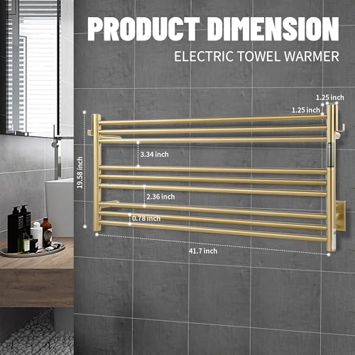 K&KALONZO Wall-Mounted 9-Bar Heated Towel Rack, Fast Heat in 2 Min, NTC Safety | 4 Timers & 3 Heat Levels Control, Plug-In/Hardwired, Top Hooks, Memory Function, Anti-Scald, Stainless Steel, EL13LG - color: Brushed Gold, size: H 19.7 x W 41.9