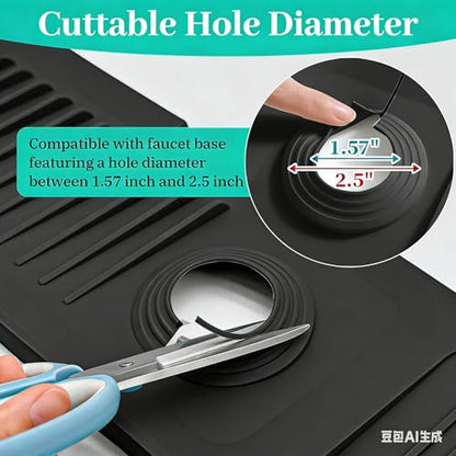 24'' Longer Kitchen Faucet Mat, Silicone Sink Splash Guard Drying Mat with 5° Slope & Cuttable Hole, Fast Draining Catcher Tray Dish Soap Sponge Holder for Kitchen Sink (Black, 24"x 5.5")
