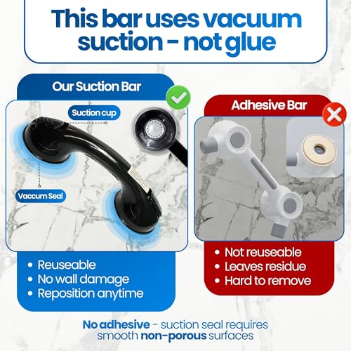 Safe-er-Grip Changing Lifestyles Suction Cup Balance Assist Bar for Bathtubs & Showers; Safety Bathroom Grab Bar Handle, All Black, 12 inches - color: Black, size: 12 inch (Pack of 1)