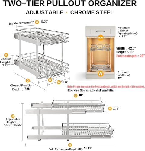 2-Tier Kitchen Cabinet,Pull Out Cabinet Organizer,Shelf and Drawer Organizer Slide Out Pantry Storaqe Basket in Multiple Sizes (12" W x21 D) - size: 12" W x21" D