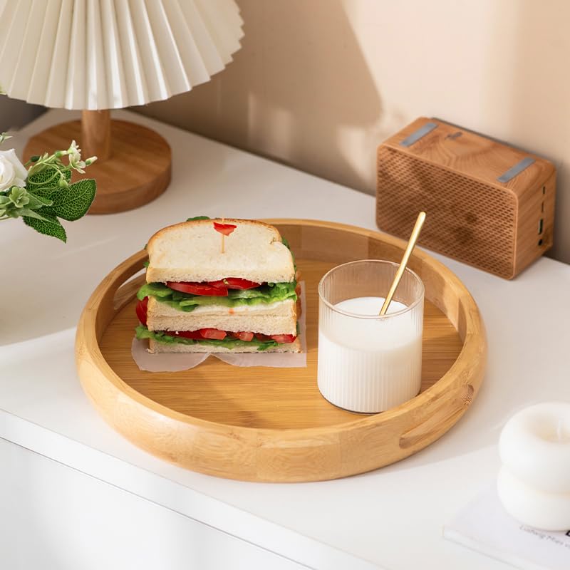 9.8" Round Bamboo Tray with Handles, Wood Serving Tray, Decorative Tray | Wooden Centerpiece Tray for Coffee Table, Kitchen, Living Room, Bedroom - size: 9.8"