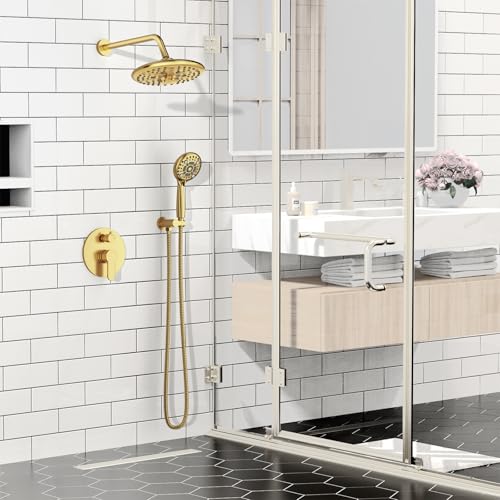 SR SUN RISE Shower Faucet - 10 Inch Multifunctional High Pressure Shower Head System with Handheld Shower Head Fixtures - Valve Included - Brushed Gold - color: Brushed Gold, size: 10 Inch