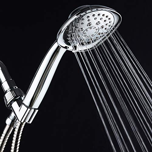 Luxury Square 6-setting High-Pressure Hand Shower. Extra-Long 72" Stainless Steel Hose, Bracket, Solid Brass Fittings, All-Chrome Finish. Premium Handheld Shower Head from Top American Manufacturer! - color: Chrome