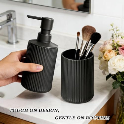 Bathroom Accessories Set Black Soap Dispenser Toothbrush Cup Set | Plastic Bathroom Set Accessories, 2-Piece Bathroom Counter Set for Modern Decor - size: Bath Set (2PC)