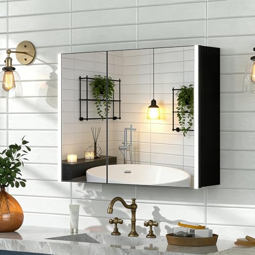 32 x 24 Medicine Cabinet with Lighted Mirror, Pre-Assembled Black Medicine Cabinets Mirror with Storage for Bathroom, Surface/Recessed Wall Mounted Farmhouse Large Medicine Cabinet - color: Lighed -Black, size: 32 x 24