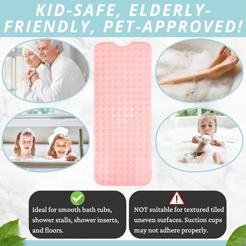 ENKOSI Non-Slip Bath & Shower Mat 40x16 Extra Long, Suction & Drain Holes | Baby Pink color; Durable PVC; 40x16 in, Baby Pink - color: Baby Pink