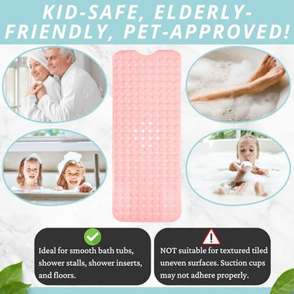 ENKOSI Non-Slip Bath & Shower Mat 40x16 Extra Long, Suction & Drain Holes | Baby Pink color; Durable PVC; 40x16 in, Baby Pink - color: Baby Pink