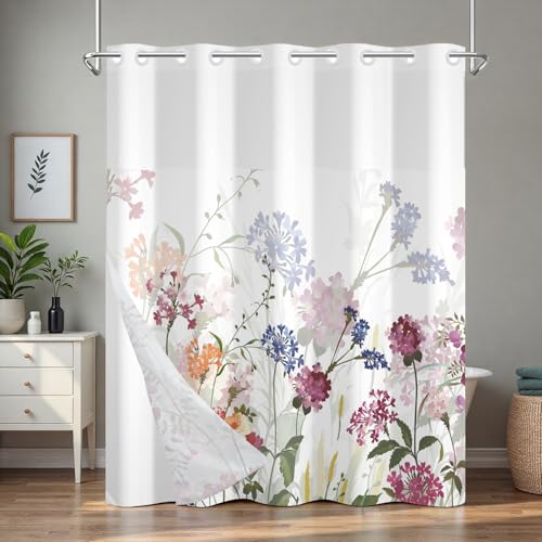 No Hook Farmhouse Shower Curtains for Bathroom, Waterproof Fabric Shower Curtain with Snap in Liner, Misty Garden Flowers Bathroom Shower Curtain Sets with Sheer Window for Bathroom Decor, 71x74 Inch - color: Misty Flowers