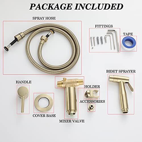 Handheld Bidet Sprayer Brushed Gold Warm Water, WiPPhs Stainless Steel Bidet Hand Held Sprayer for Toilet with Brass Hot and Cold Mixing Valve, WI9138BG | Wall Mount Stainless Steel Bidet Hand Held Sprayer with Brass Hot and Cold Mixing Valve, 47 Inches B