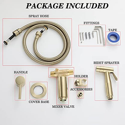 Handheld Bidet Sprayer Brushed Gold Warm Water, WiPPhs Stainless Steel Bidet Hand Held Sprayer for Toilet with Brass Hot and Cold Mixing Valve, WI9138BG | Wall Mount Stainless Steel Bidet Hand Held Sprayer with Brass Hot and Cold Mixing Valve, 47 Inches B