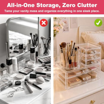 2-Tier Acrylic Makeup Organizer, 360° Rotating Brush Holder & 5 Drawers | Stackable Design; 5 Detachable Drawers; Crystal Clear Display; Space-Saving Countertop Caddy for Vanity, Bedroom & Bathroom - size: 2 Tier-5 Drawers