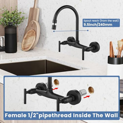 Airuida 8 Inch Center Matte Black Wall Mounted Kitchen Sink Faucet | 360° Degree Swivel Spout,Double Handle,Wall Mount Utility Sink Faucet - color: Matte Black