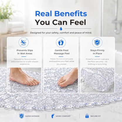 Bath Bliss Non-Slip Pebble Bathtub Mat 18x36 Oval Clear Color | Suction Cup Shower Mat with Drain Holes | Machine Washable Anti-Slip Tub Mat - color: Clear