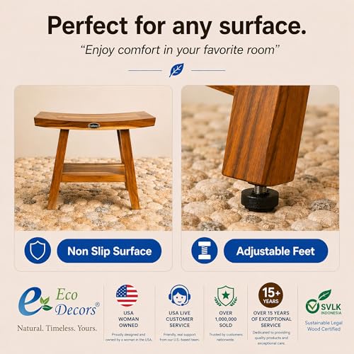 EcoDecors 21-Inch Teak Shower Bench with Shelf, Waterproof, Non-Slip | Solid teak shower bench crafted from plantation teak with natural water resistance for durable bathroom and spa use