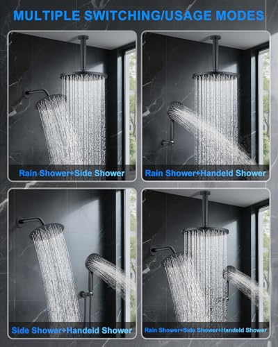 Woindo Shower System with Pressure Balance Valve, 10" Ceiling Mount Shower Faucet Set with 2 Rain Shower Head And Multi-function Handheld Head Push Button Diverter Pressure Balancing Valve Kit - color: Matte Black, style: 10"-Round