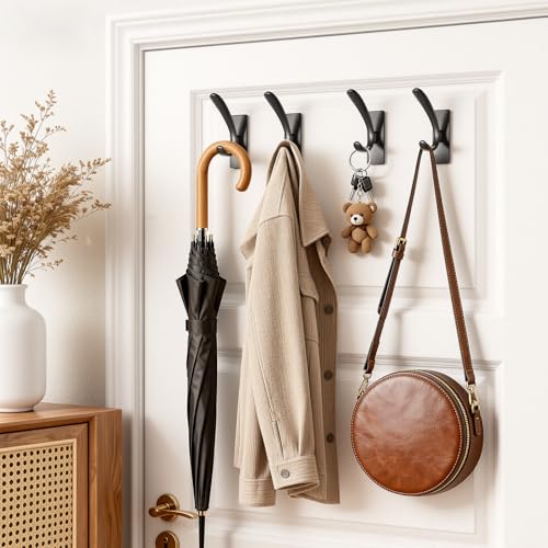 Self Adhesive Towel Hooks, Matte Black Metal Hooks,Waterproof Stainless Steel Hanger Coat Hooks for Hanging Coat,Towels, Bath Robe in Bathroom Kitchen Home - size: 8 Pack-Rectangular Double Hook