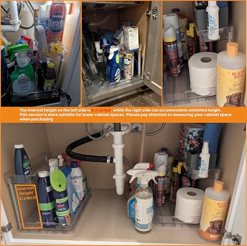 2 Pack 14.6″ Deep Pull Out Under Sink Organizer,10.8″ High 2 Tier Slide Out Cabinet Organizer for Kitchen Cabinet,Undersink Organizers,Under Sink Shelves,Bathroom Organizers and Storage,Clear - size: 10.8 In High