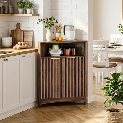 Corner Cabinet, Corner Storage with Fluted Panels and Adjustable Shelf, Modern Floor Cabinets for Small Spaces, Bathroom, Living Room, Kitchen, Walnut MCW23HT