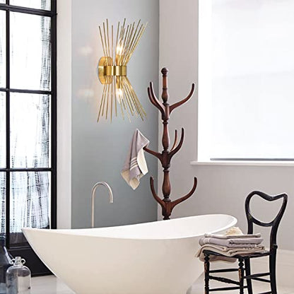 2-Light Bathroom Vanity Light, Mid-Century Modern Starburst Gold Wall Sconce, Bedside Electroplate Brass Wall Light Fixture, Wall Lamp for Powder Room Bedroom Bathroom Hallway Entryway, Set of Two