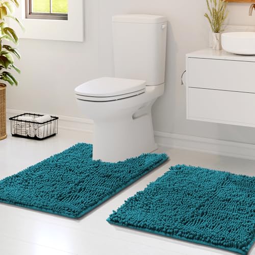 Hearth & Harbor Bathroom Rugs, Chenille Bath Mat - Machine Washable Bath Mats for Bathroom Non-Slip Backing Rubber, Quick Dry Bathroom Mat - Teal Blue 17x24-20x24 - color: Teal, style: 17 x 24 + 20 x 24