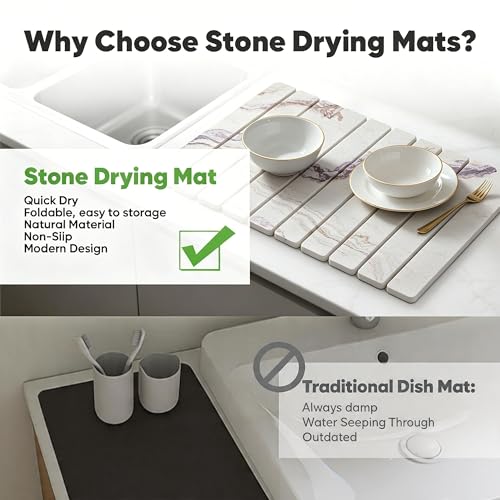 Stone Drying Mat for Kitchen Counter, Quick Diatomaceous Earth Mats for Dishes, 24"L x 16" W Super Absorbent Fast-Drying Collapsible Countertop Stone Mat (Marble White-06, 24" x 16") - color: Marble White-06