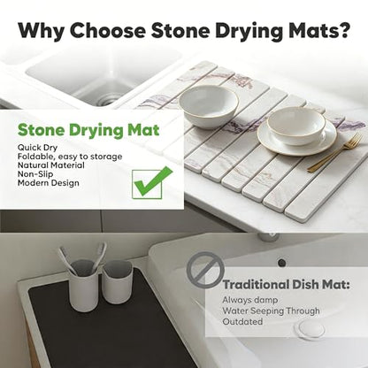 Stone Drying Mat for Kitchen Counter, Quick Diatomaceous Earth Mats for Dishes, 24"L x 16" W Super Absorbent Fast-Drying Collapsible Countertop Stone Mat (Marble White-06, 24" x 16") - color: Marble White-06