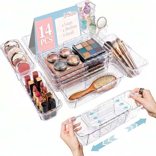 14 Pcs Expandable Clear Drawer Organizer|3-Size Extendable Drawer Dividers | Adjustable Plastic Storage Boxes, Arcrylic Storage Bins for Makeup Vanity Drawer Dresser DIY Desk Office Kitchen Utensils - size: 14PCS