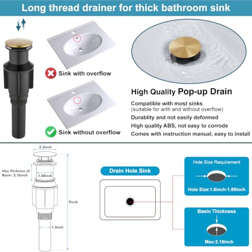 Midanya Waterfall Tall Bathroom Vessel Sink Faucet,Brushed Gold | with 24” cUPC Water Hoses,Pop Up Drain without Overflow,for 1 hole Vanity,RV,Lavatory,Bowl,Farmhouse,SUS304,Single Handle - color: Gold