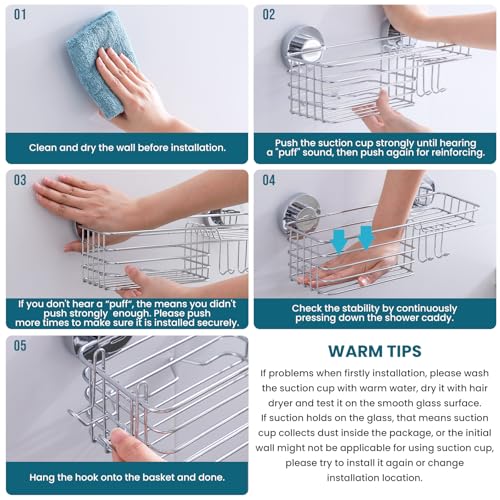 TAILI Shower Caddy Suction Cup 2 Pack with Hooks and Soap Holder, Silver | Heavy Duty Shower Organizer, No Drilling Bathroom Suction Shelves, Wall Shower Caddy - color: Silver, size: 2 x Medium