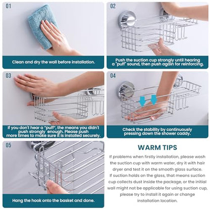 TAILI Shower Caddy Suction Cup 2 Pack with Hooks and Soap Holder, Silver | Heavy Duty Shower Organizer, No Drilling Bathroom Suction Shelves, Wall Shower Caddy - color: Silver, size: 2 x Medium