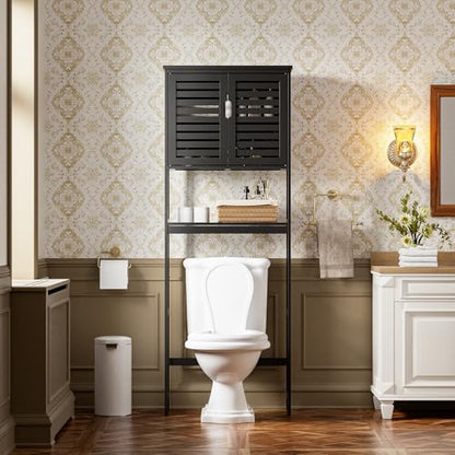 SMIBUY Bathroom Over The Toilet Storage Cabinet, 2 Door Bamboo Cabinet Organizer, Freestanding Space Saver Toilet Rack with Adjustable Inside Shelf and Open Shelf (Black) - color: Black