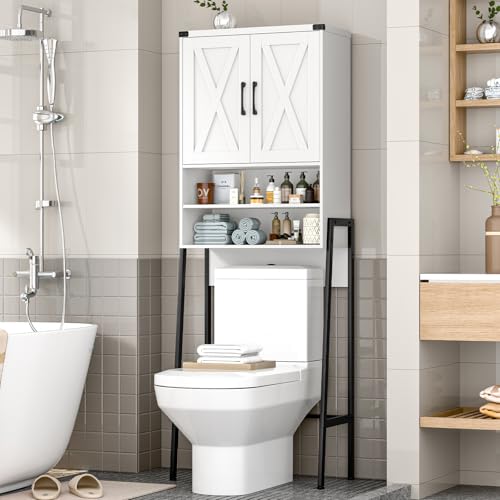 Vabches Metal Frame Over The Toilet Storage Cabinet, Unique White | Farmhouse Over Toilet Storage Cabinet with 2 Barn Doors, Home Space-Saving Toilet Rack for Bathroom, Toilet, Laundry Room - color: Unique White, style: Iron frame