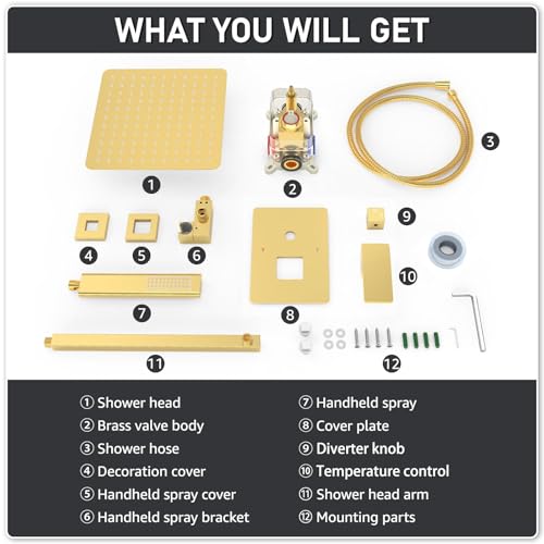 Iriber Brushed Gold Rain Shower System with 12 Inch Shower Head and Handheld shower Bathroom Wall Mounted Golden Shower Set Contain Shower Faucet Mixer Valve and Trim Kit (Valve Cartridge Included) - color: Brushed Gold 05