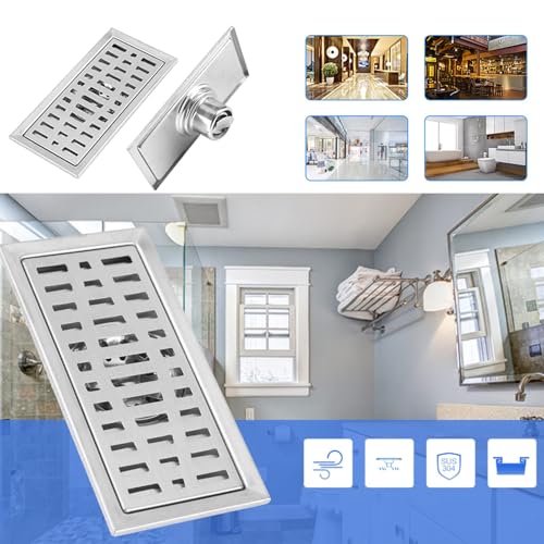 2Pcs Linear Shower Drain 8"x4" Floor Drain with Removable Grate Cover Grid | Stainless Steel Grate Hair Strainer for Home Bathroom Kitchen