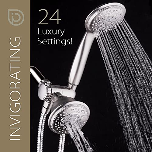 High Pressure 24-Function Dual 2-in-1 Handheld Shower Head Combo | With Self-clean Nozzles, 3-way Anti-swivel Water Diverter, and Premium Stainless Steel Hose / Nickel Finish - color: Brushed Nickel, size: 1.8 Gallons Per Minute