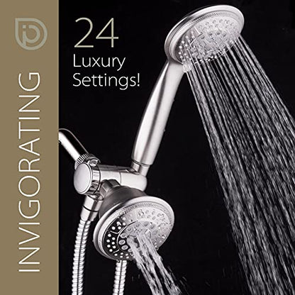 High Pressure 24-Function Dual 2-in-1 Handheld Shower Head Combo | With Self-clean Nozzles, 3-way Anti-swivel Water Diverter, and Premium Stainless Steel Hose / Nickel Finish - color: Brushed Nickel, size: 1.8 Gallons Per Minute