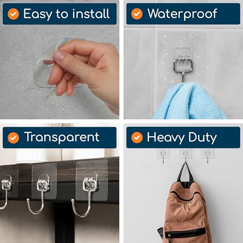 Adhesive Large Wall Hooks for Hanging Heavy Duty 22 lbs Hooks for Walls No Drill, Towel Sticky Clear Hooks, Waterproof, Home, Bathroom, Kitchen, Office, and Outdoor 40 Pack - size: Large, 40 pcs