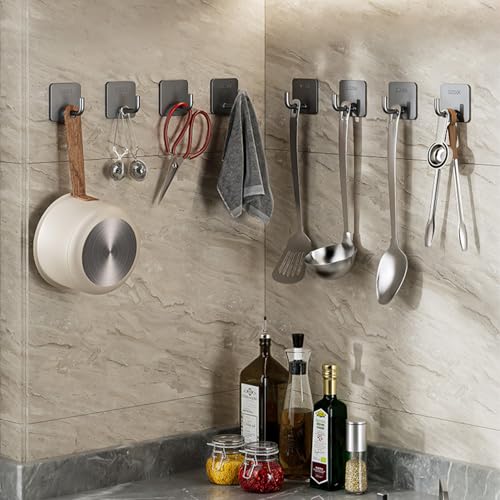 6 Pcs Stainless Steel Adhesive Hooks, Heavy Duty Waterproof in Shower Hook for Hanging Loofah, Towels, Clothes, Robes for Bathroom Removable Adhesive Wall Door Hangers, Square