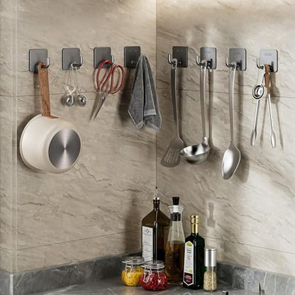 6 Pcs Stainless Steel Adhesive Hooks, Heavy Duty Waterproof in Shower Hook for Hanging Loofah, Towels, Clothes, Robes for Bathroom Removable Adhesive Wall Door Hangers, Square