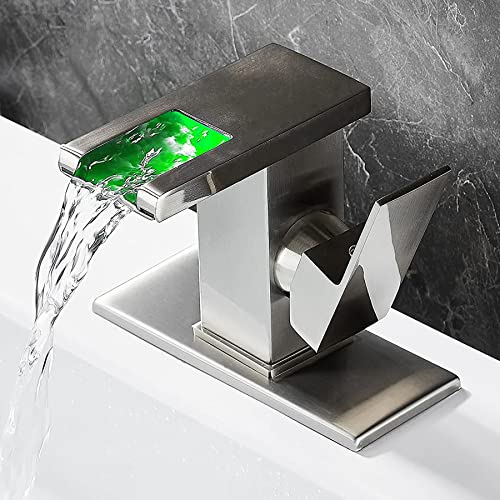 Waterfall Bathroom Faucet, LED Faucet Waterfall, Brushed Nickel Single Hole Bathroom Faucet, Waterfall Bathroom Sink Faucet, Bathroom Faucet with LED Light - color: Brushed Nickel