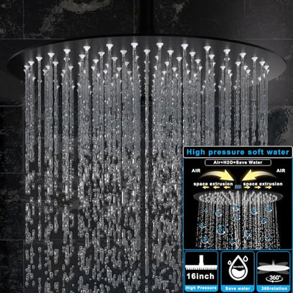 HOMEDEC 16inch Round Ceiling Mounted Rainfall Shower System, 3 Way Thermostatic Diverter Valve with 2-Function Handheld Shower and Body Jets, Black - color: Black, style: 3-Way