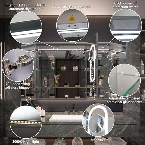 Luxury LED Lighted Medicine Cabinet with Mirror Dimmable, Defogging, 48 inch Commercial Medicine Cabinet, Outlets for Apartments, Hotel, Wide Open - size: 48"W x 36"H