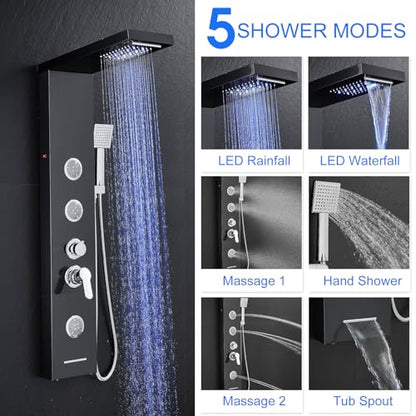 Multi-Function LED Lights Shower Panel System Black, 5 in 1 Shower Panel Include Rainfall & Waterfall Shower Head, 3 Pcs Adjustable Massage Jets, Handheld Shower, Tub Spout - color: Black - 2-in-1 Body Jets