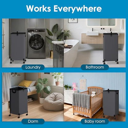2Pcs Laundry Basket With Wheels 105L, Large Rolling Laundry Hamper With Removable Bag, Metal Frame Collapsible Dirty Clothes Bin, Cloth Organizer Hampers Pull Handle For Bathroom, Dorm, Bedroom Grey - color: Grey - 2 Pack