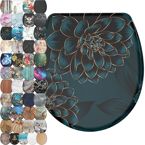 Sanilo Wooden Toilet Seat with Quick Release & Soft Close [ROUND] - Decorative & Slow Close Molded Wood Seat - With One Click for Easy Installation & Cleaning - With Adjustable Fit (Dahlia) - color: Dahlia