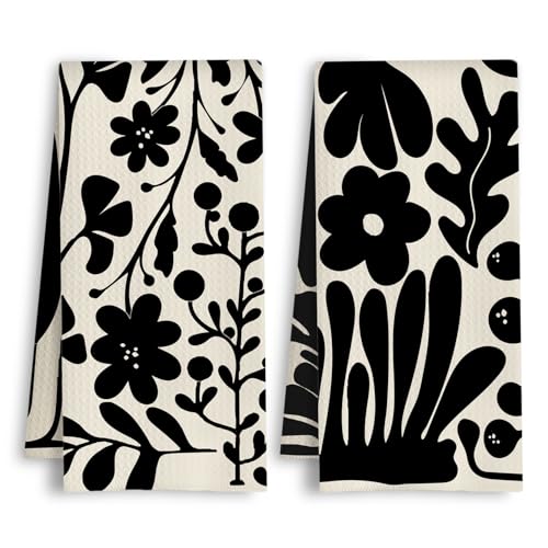 ArtisaEura Boho Abstract Retro Black Floral Kitchen Towels, Mid Century Modern Boho Flower Botanical Dish Tea Hand Towels for Kitchen Bathroom Decor, 16x24 Inch Set of 2 - color: Beige and Black Botanical