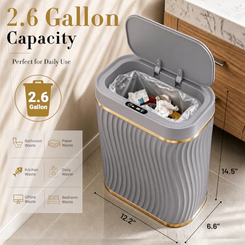 Ogikey Bathroom Small Trash Can with Automatic Touchless Lid, 2.6 Gallon Smart Garbage Can Narrow Waterproof Trash Bin for Bedroom, Office, Living Room - color: 2.6 gallon-Grey